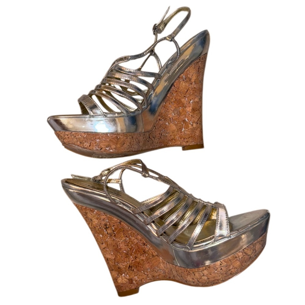 BEBE SILVER platform Carmelo wedges women’s cork heels shoes size 10 - Picture 5 of 17